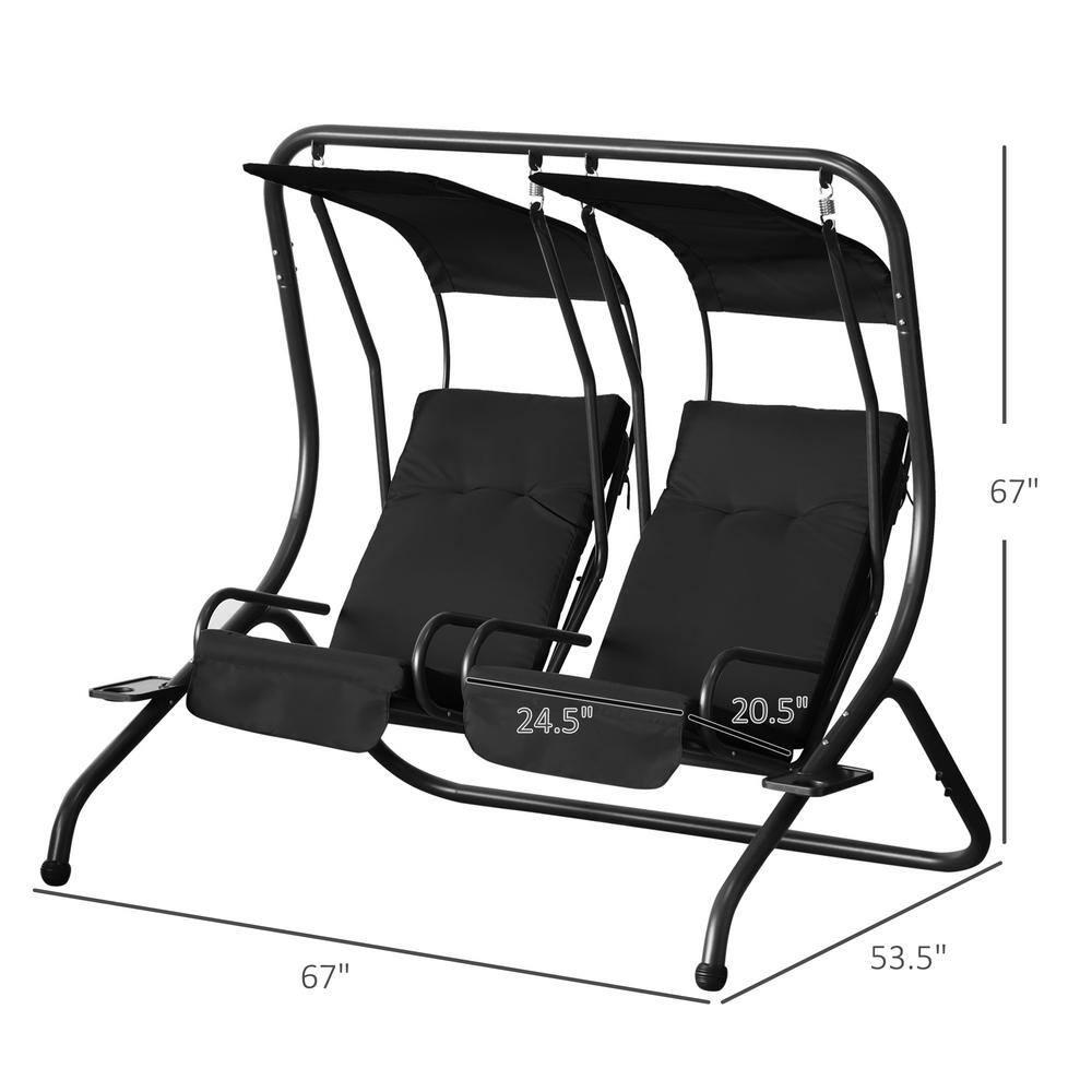 Outsunny Modern 2-Seater Outdoor Patio Swing Chair, Porch Seats with Cup Holder and Removeable Canopy, Black