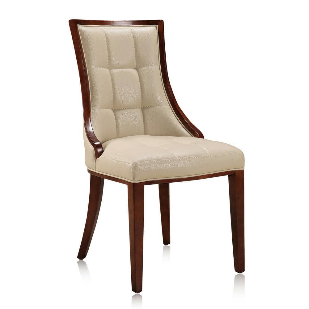 Manhattan Comfort Fifth Avenue Faux Leather Dining Chair (Set of Two) in Cream and Walnut