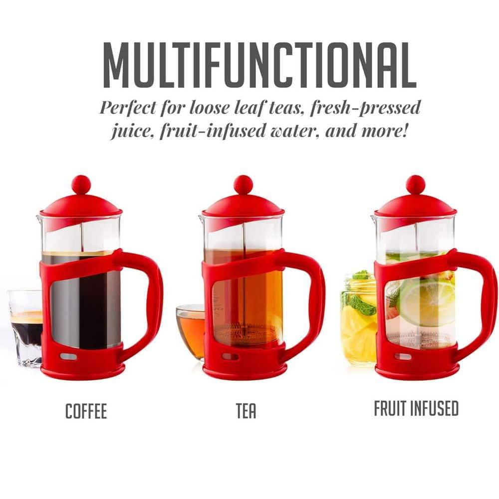 Ovente FPT34R OVENTE French Press Coffee Maker, Heat Resistant Borosilicate Glass with 4 Filter Stainless-Steel System, BPA-Free Portable Pitcher Perfect for Hot & Cold Brew