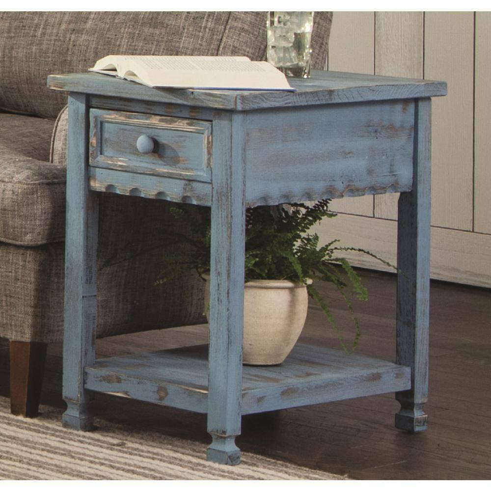 Alaterre Furniture Country Cottage Chairside End Table with 1 Drawer and 1 Shelf, Square Turned Legs, Farmhouse Style for Living Room, Antique Blue Finish
