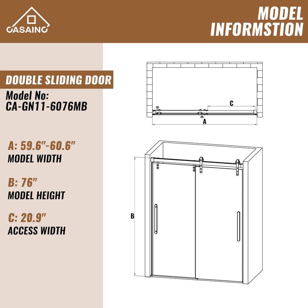 60" W x 76" H Frameless Shower Door Double Sliding 10MM Tempered Glass 304 Stainless Steel Hardware