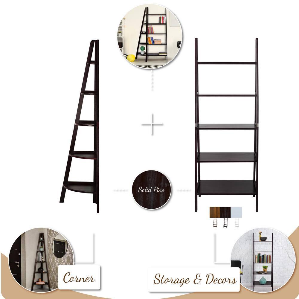 5-Shelf Corner Ladder Bookcase - White