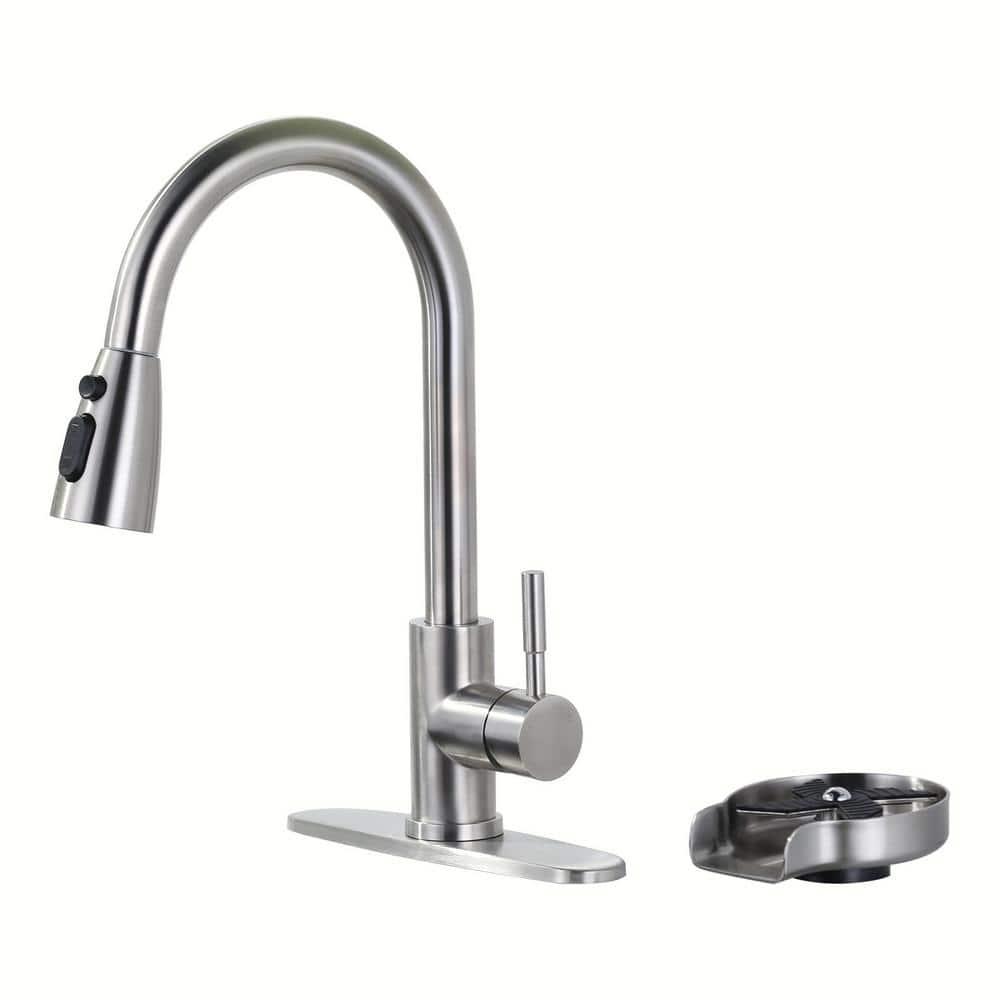 ARCORA Single Handle Stainless Steel Pull-Down Kitchen Faucet with Deckplate and Glass Rinser Combo