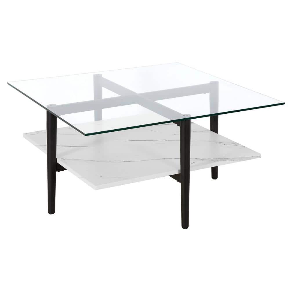 Evelyn&Zoe Otto 32" Wide Square Coffee Table with Faux Marble Shelf, Blackened Bronze