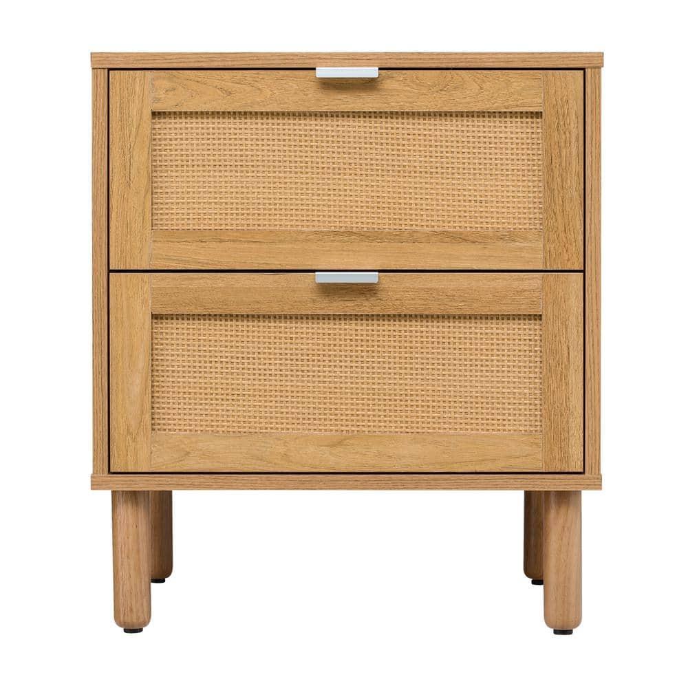 Sango Sango Orre 2-Drawer Solid Wood Nightstand, With Rattan, Cylicndrical Wooden Legs