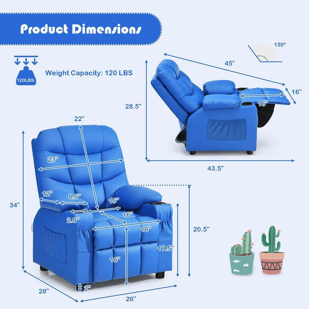 Costway Kids Youth Recliner Chair PU Leather w/Cup Holders & Side Pockets Blue