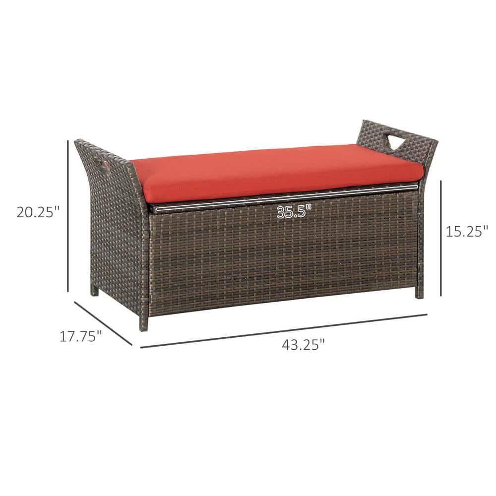 Outsunny 27 Gallon Patio Wicker Storage Bench, Outdoor PE Rattan Patio Furniture, 2-In-1 Footstool Rectangle Basket Box w/ Handles & Cushion, Red