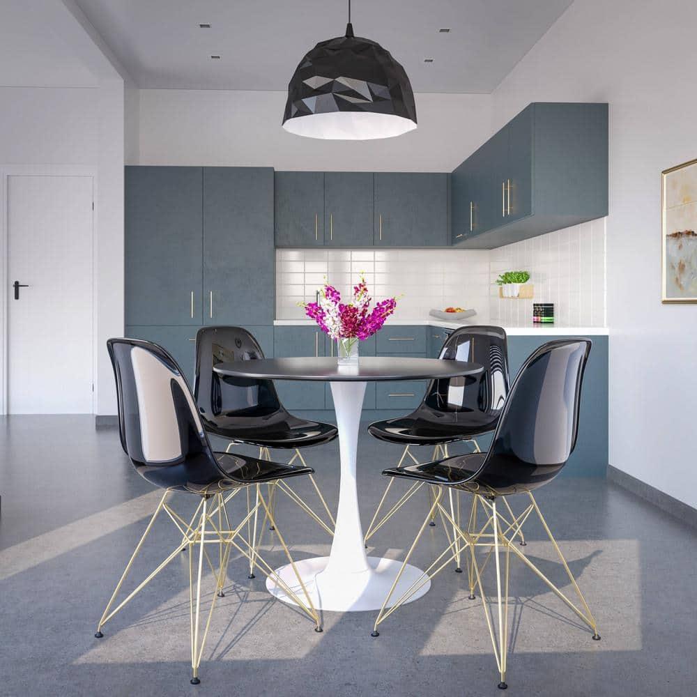 LeisureMod 5-Piece Dining Set with 35" Round Dining Table in White Iron Pedestal Base and 4 ABS Plastic Side Chair with Gold Base, Transparent Black