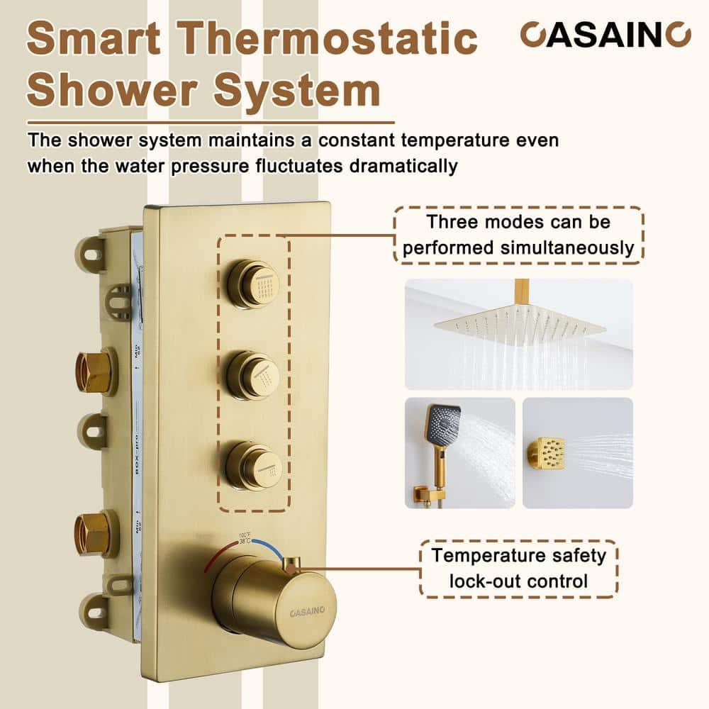 3 Functions 12 Inch Wall Mount Thermostatic Shower System with 6 Body Jets