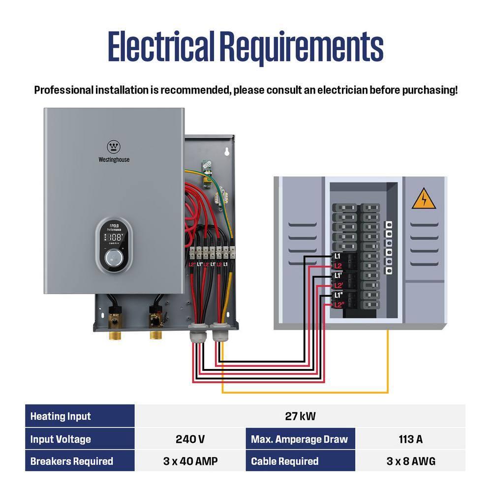 Westinghouse Apolo Performance 27 kW 6.3 GPM 240-Volt Smart WiFi Control Tankless Electric Water Heater