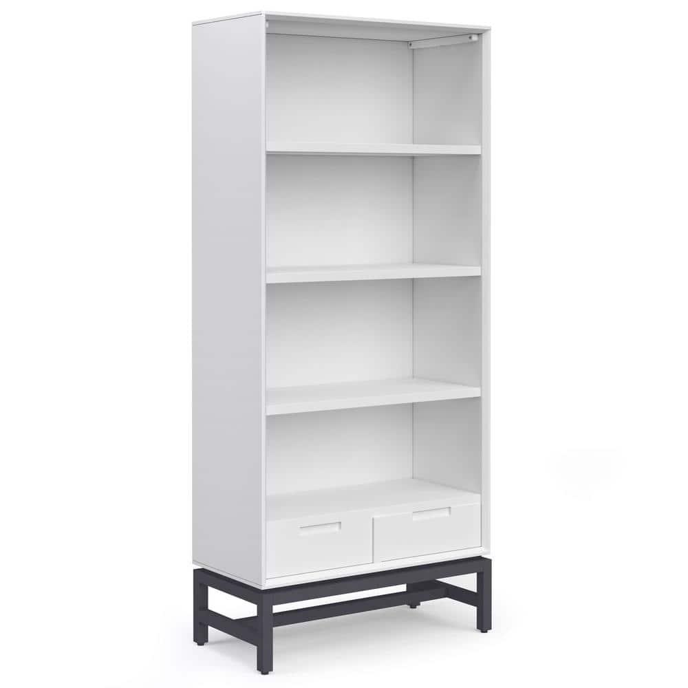 Simpli Home Banting 30"W Solid Wood 4 Shelf Industrial Bookcase with 2 Drawers, Adjustable Shelves, and Metal Base