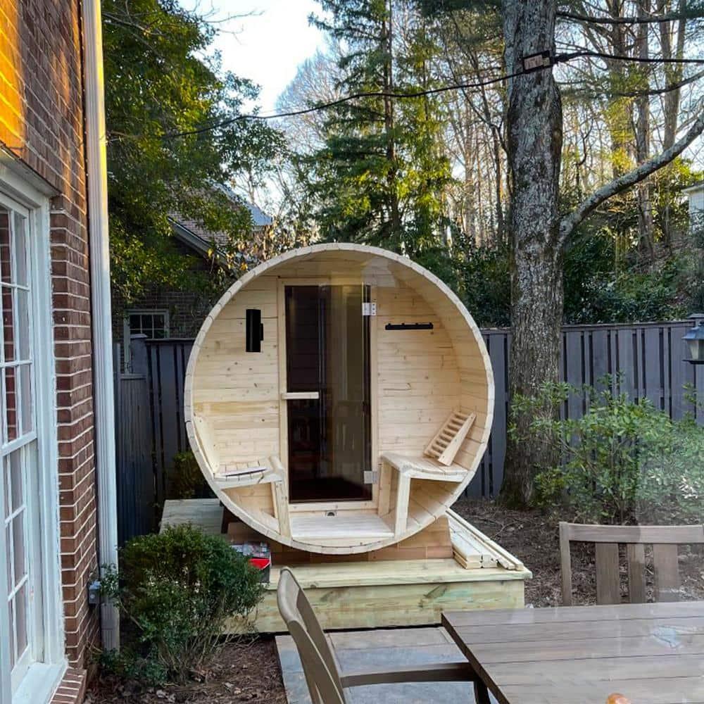 ALEKO Outdoor or Indoor White Finland Pine Wet Dry Barrel Sauna - Front Porch Canopy - 8 kW UL Certified KIP Harvia Heater -6-8 Person