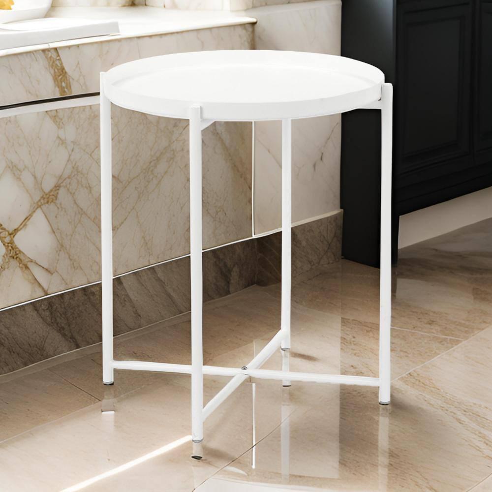 Benjara Ely 21 Inch Side End Table, White Round Tray Top, Modern Open Metal Frame