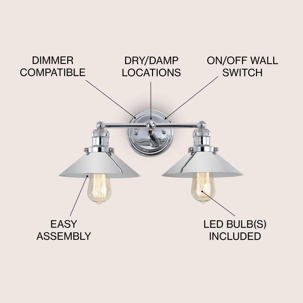 17.5" Metal June Vanity Wall Light Silver - JONATHAN Y: Chrome Finish, Industrial Style, ETL Listed, 2-Light Fixture