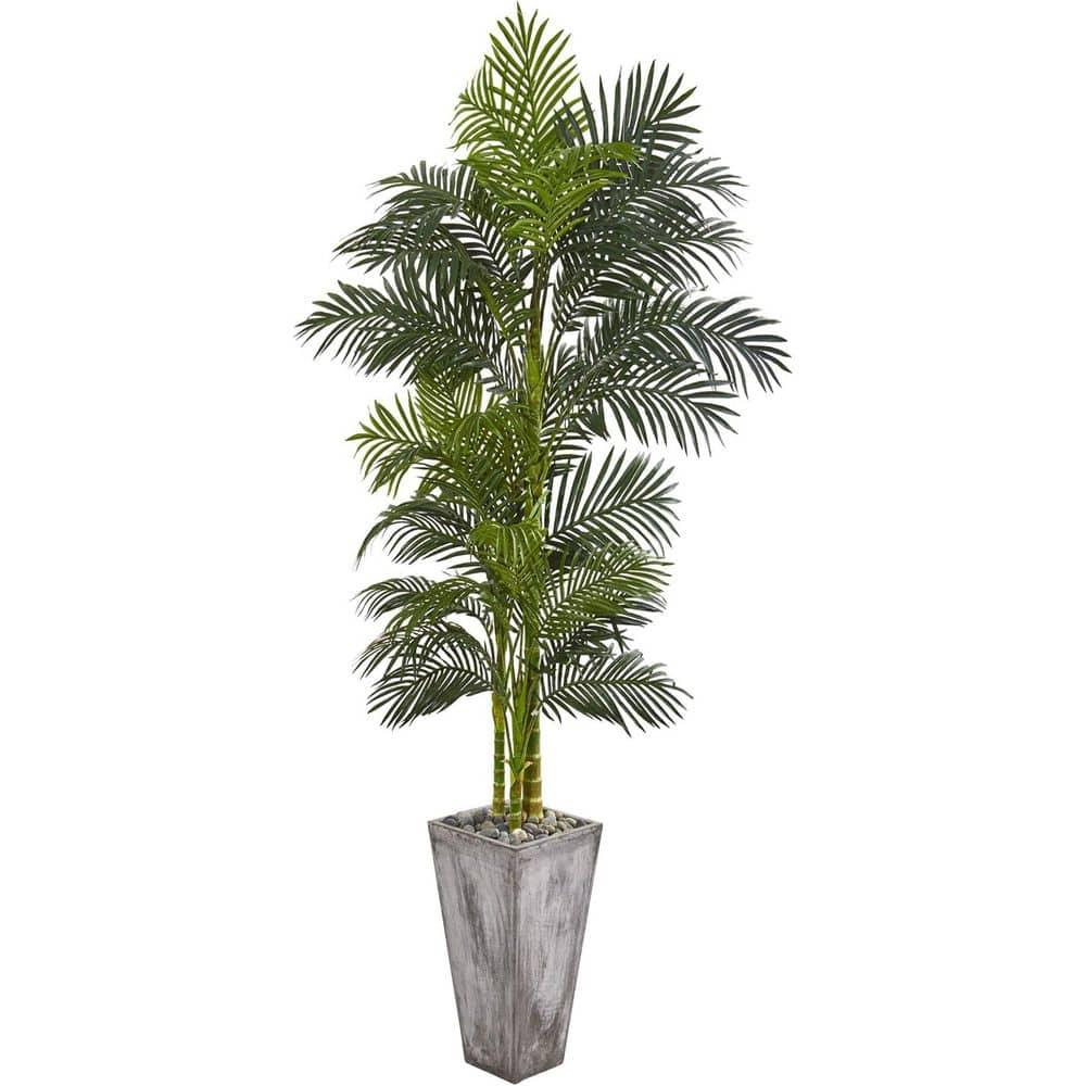 Nearly Natural 7-ft Golden Cane Artificial Palm Tree in Cement Planter