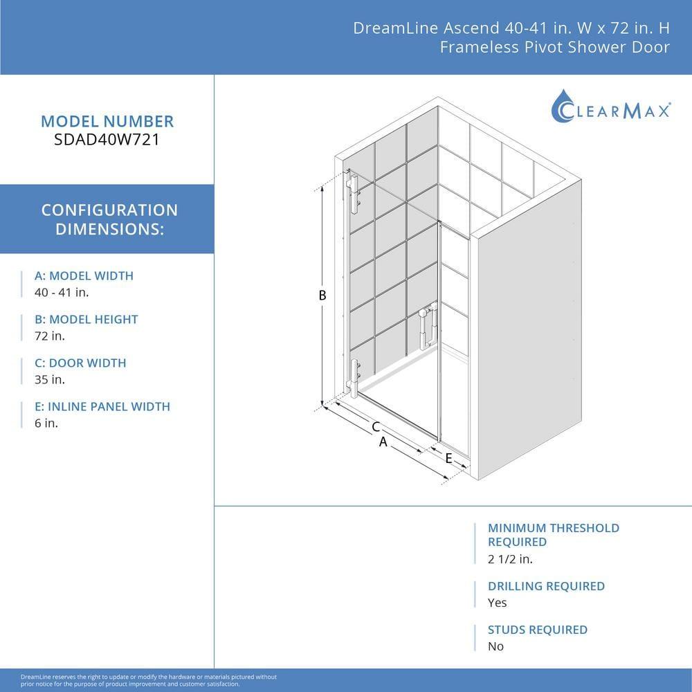 DreamLine Ascend 40-41 in. W x 72 in. H Frameless Pivot Shower Door