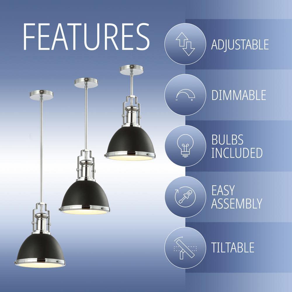 Homer 10" 1-Light Modern Industrial Iron LED Dome Pendant, Black/Chrome