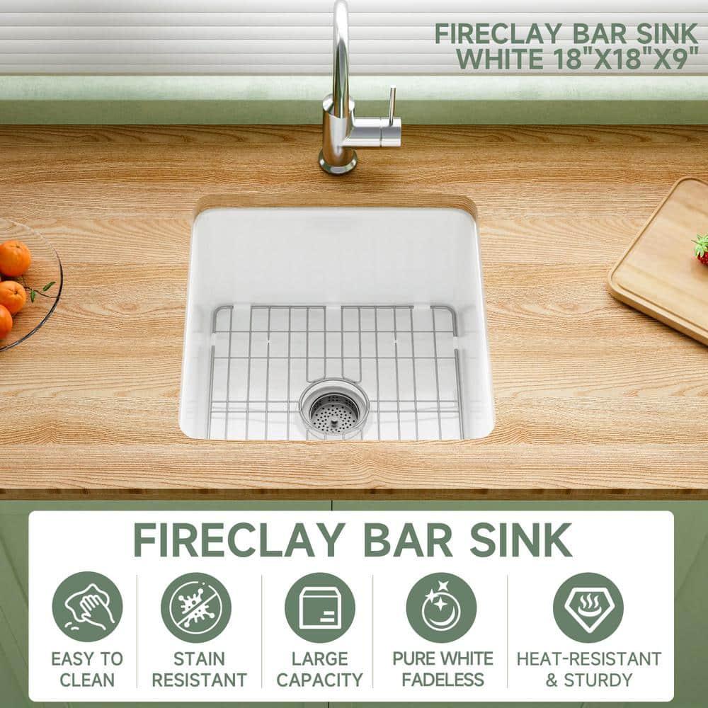 18" L x 18" W Single Bowl Fireclay Kitchen Sinks White with Bottom Grids and Basket Strainer