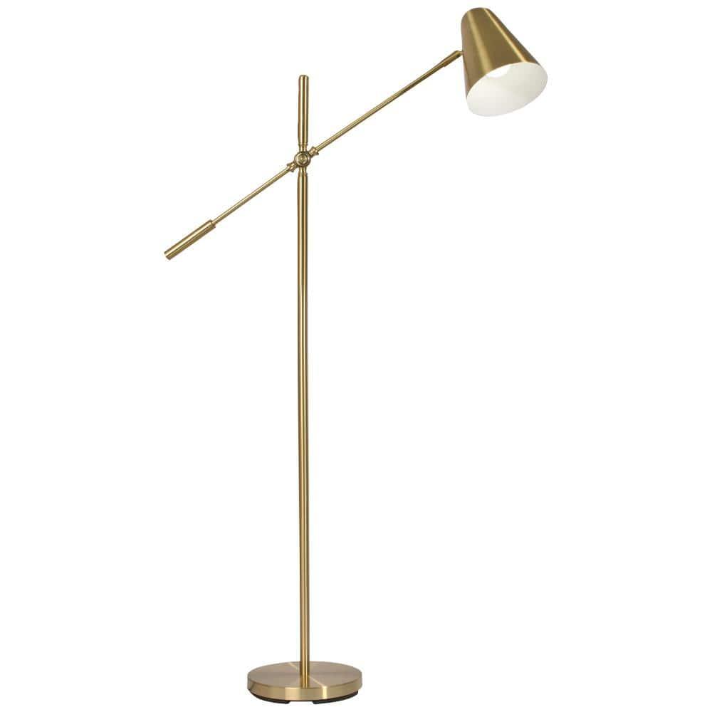 OttLite OttLite Archer Floor Lamp - Mid-Century Modern Design, Satin Brass Finish, LED, Adjustable Shade