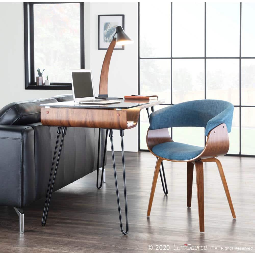 LumiSource Avery Mid Century Modern Desk Walnut : Tempered Glass Top, Wood & Metal Frame, All Purpose Drawer