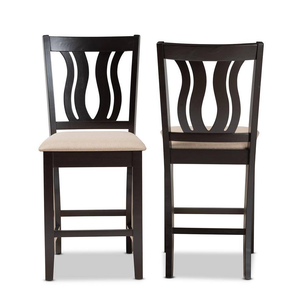 Baxton Studio 2pc Fenton Fabric Upholstered and Wood Barstool Set Dark Brown: Geometric Backrest, Polyester Upholstery, 25" Seat Height