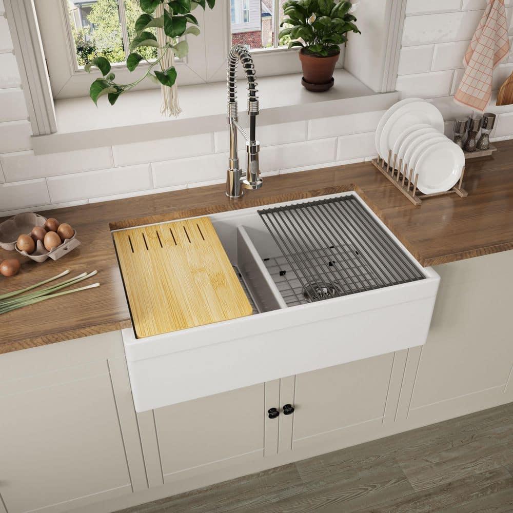 33-Inch Striped Farmhouse Reversible Apron Front Fireclay Double Bowl Kitchen Sink with Grid and Drainer，Matte Grey