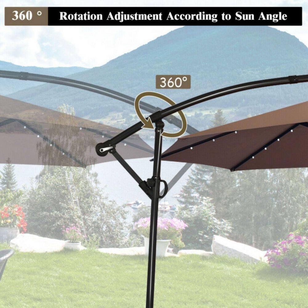 GVN 10 ft 360° Rotation Solar Powered LED Patio Offset Umbrella without Weight Base-Tan, Patio Offset Umbrella with Easy Tilt Adjustment, Cantilever Patio Umbrellas, Sunshade Umbrella Canopy