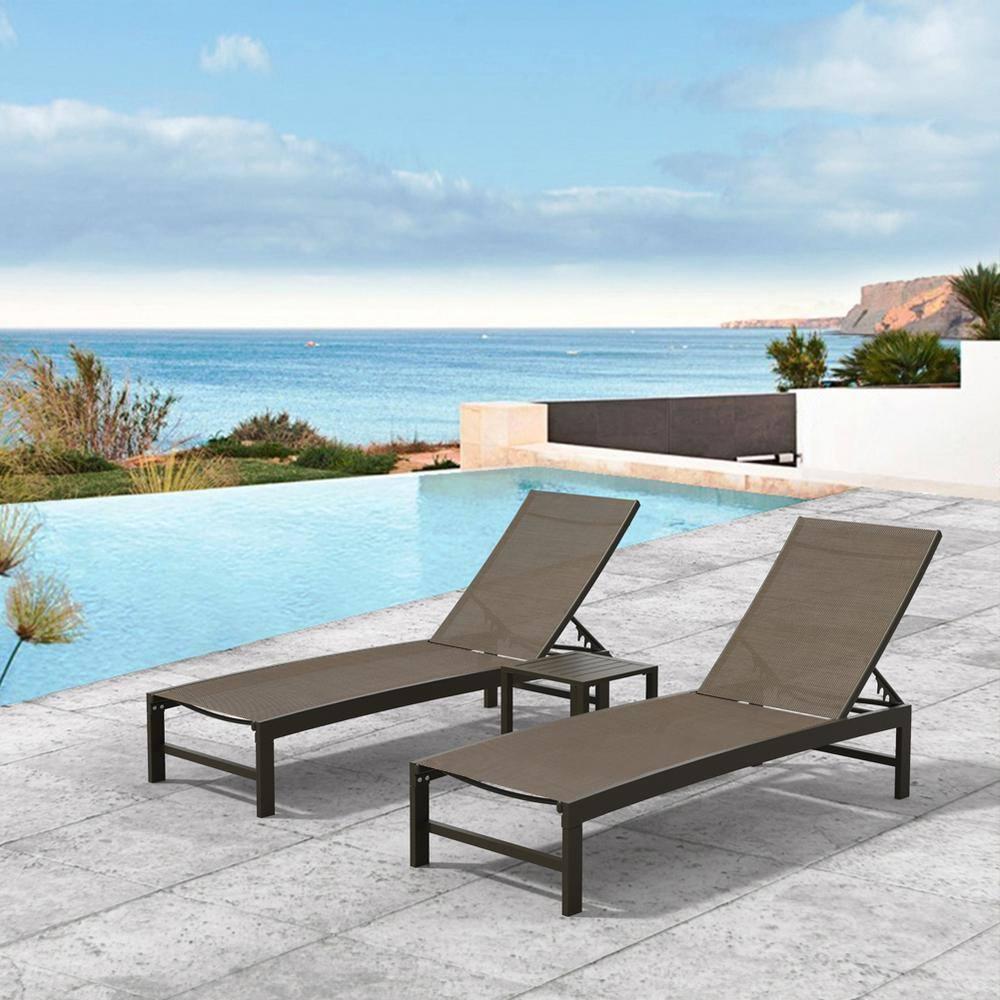 3pc Outdoor Five Position Adjustable Curved Aluminum Lounge Set Brown - Crestlive Products: Weather-Resistant Patio Furniture Set with Side Table