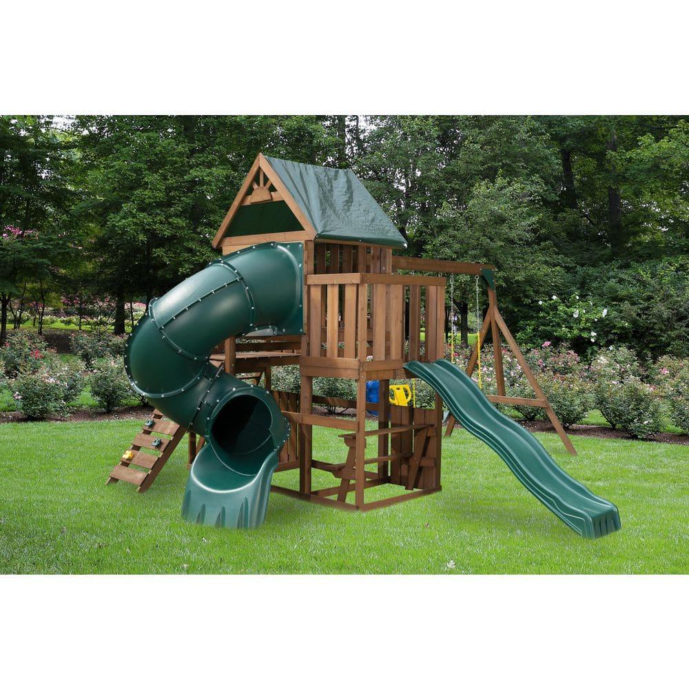 Swing-N-Slide Tellico Terrace Wooden Backyard Swing Set with Tube Slide, Wave Slide, Climbing Wall, and Swings