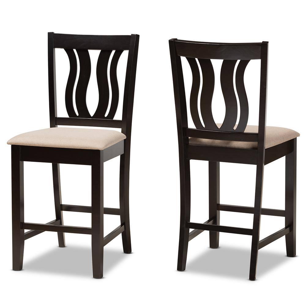 Baxton Studio 2pc Fenton Fabric Upholstered and Wood Barstool Set Dark Brown: Geometric Backrest, Polyester Upholstery, 25" Seat Height