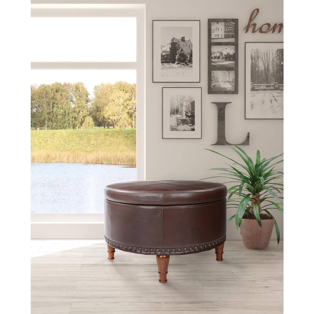 OSP Home Furnishings Alloway Storage Ottoman in Espresso Faux Leather with Antique Bronze Nailheads