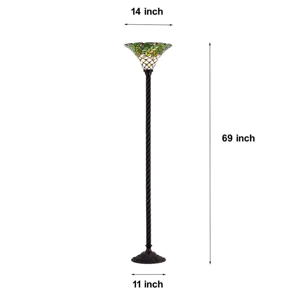 72 in. Antique Bronze Green Leaf Stained Glass Floor Lamp with Foot Switch
