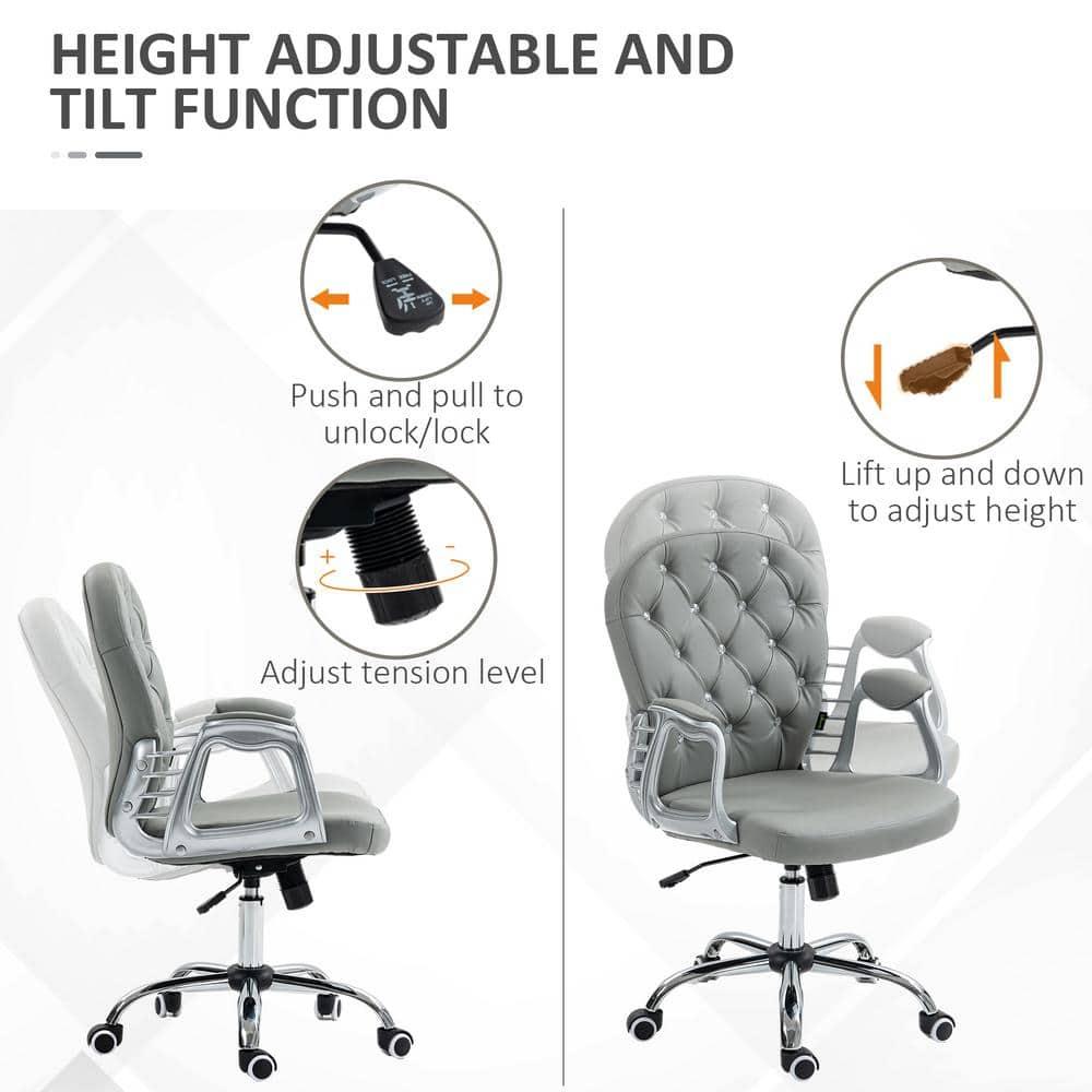 Vinsetto Vanity PU Leather Mid Back Office Chair Swivel Tufted Backrest Task Chair with Padded Armrests, Adjustable Height, Rolling Wheels, Gray