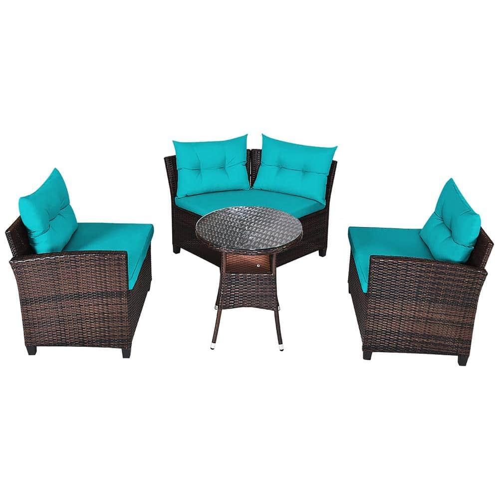 Costway 4PCS Outdoor Patio Rattan Furniture Set Cushioned Sofa Table Turquoise