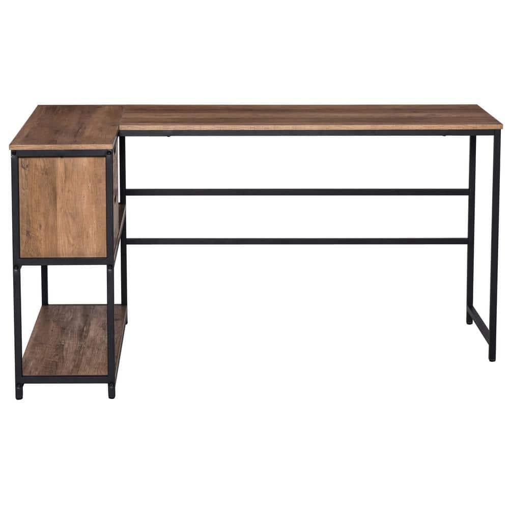 HOMCOM L-Shaped Home Offie Computer Desk with Storage Shelves, 2 Dawers and Industrial Steel Frame, Black/Brown