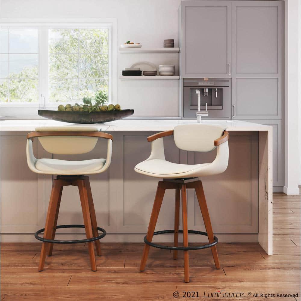 Oracle Mid-Century Modern Counter Height Barstool Cream - LumiSource: Swivel, Faux Leather, Bamboo Frame