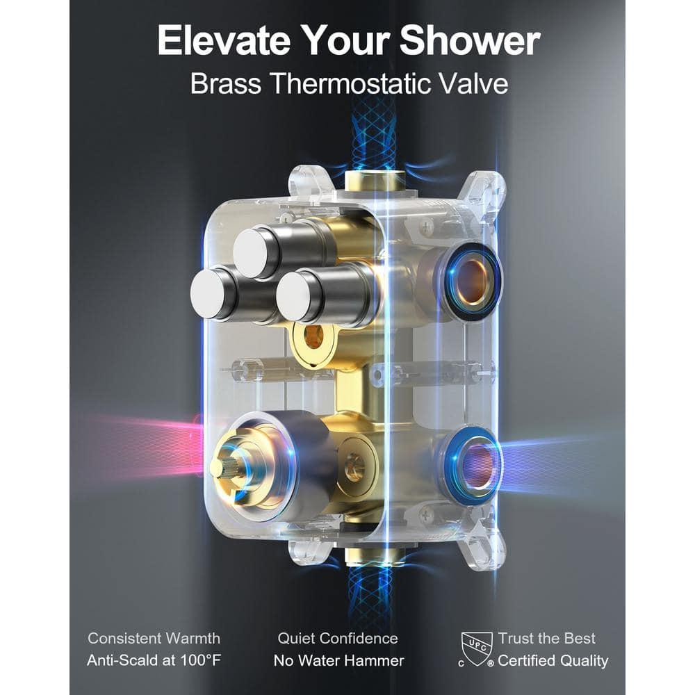 GRANDJOY Dual Wall Mount Rainfall Shower Head System Luxury Adjustable 12 inch & 6 inch Shower Faucet Set with Handheld Shower Spray Thermostatic Pressure Balance Value, Brushed Nickel
