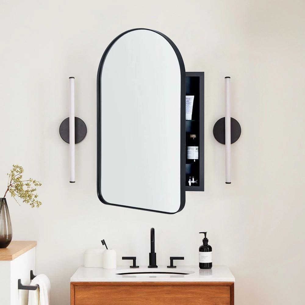 TEHOME 20 in. W x 30 in. H Arched Metal Framed Recessed Medicine Cabinet with Mirror and Shelves for bathroom in Black