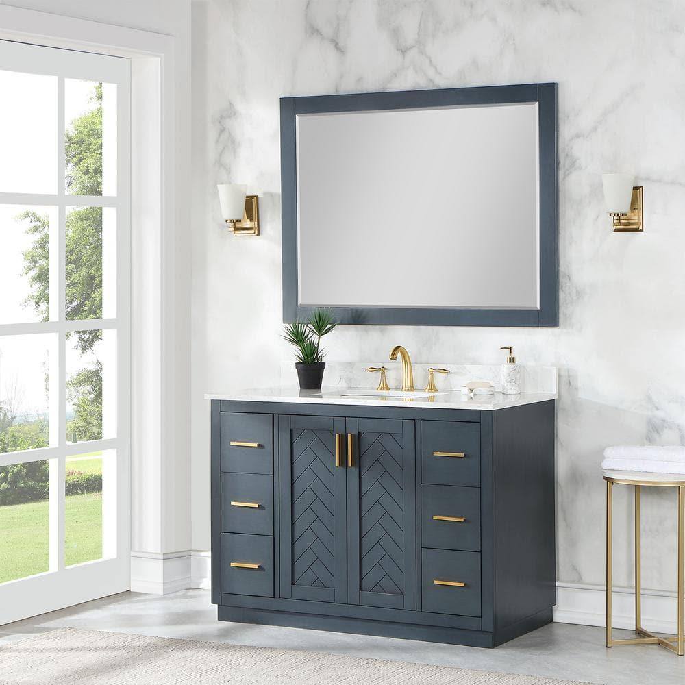 Gazsi 48" Single Bathroom Vanity Set in Charcoal Blue with Grain White Composite Stone Countertop without Mirror
