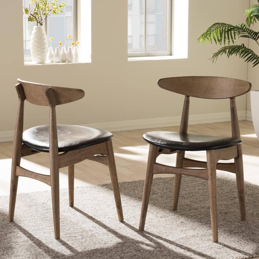 Set of 2 Edna Mid-Century Modern Dining Chairs: Black Faux Leather & Oak - Baxton Studio
