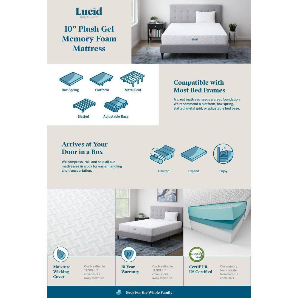 Lucid 10" Comfort Collection Plush Gel Memory Foam Mattress - Twin