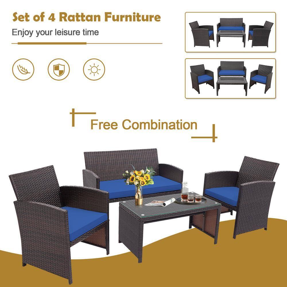 Resenkos 4 Pieces Outdoor Rattan Furniture Set, Wicker Furniture Sets, Patio Conversation Sets with Coffee Table Cushioned Sofa-Red