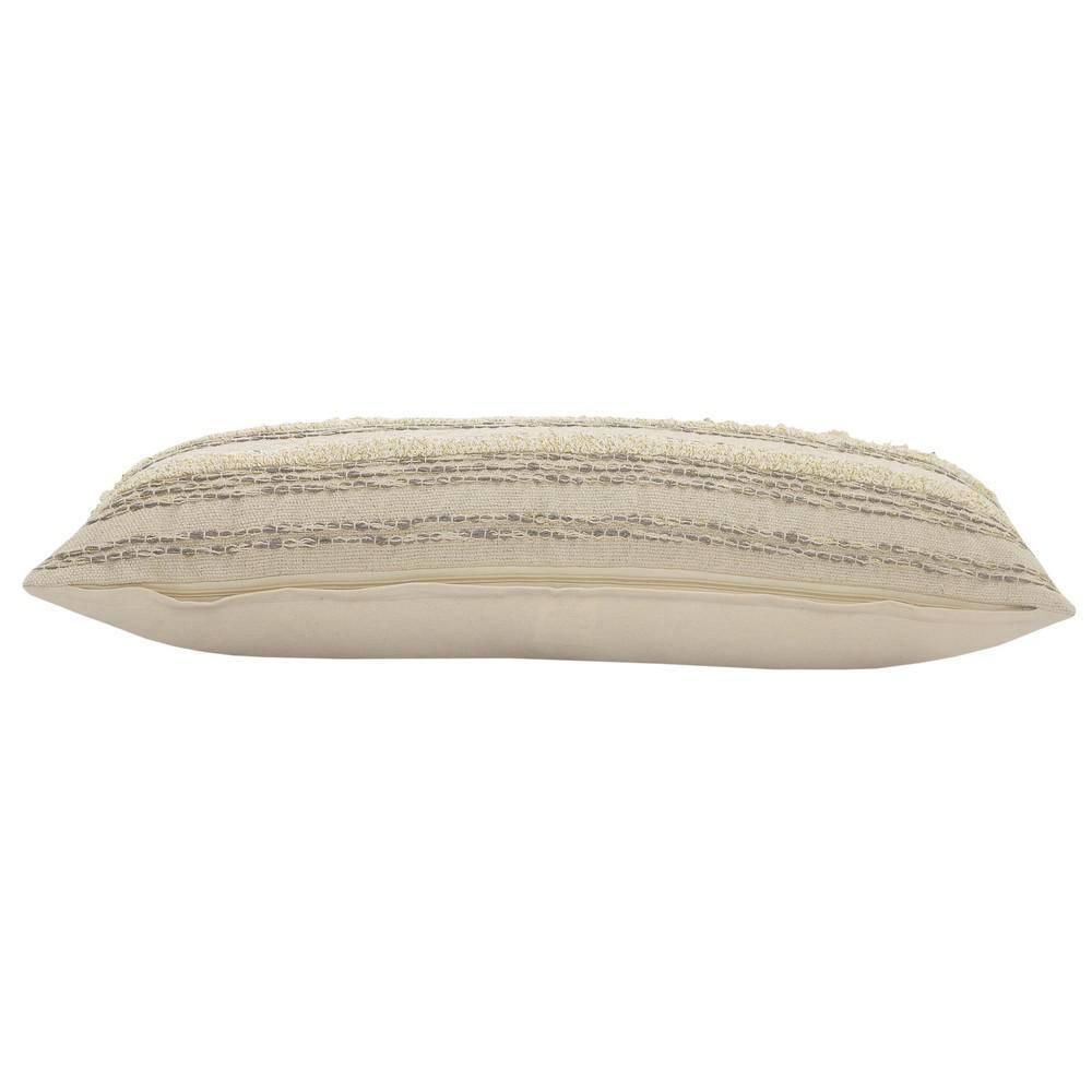 ZeaZu 14" X 36" Cream Gray And Gold 100% Cotton Striped Zippered Pillow