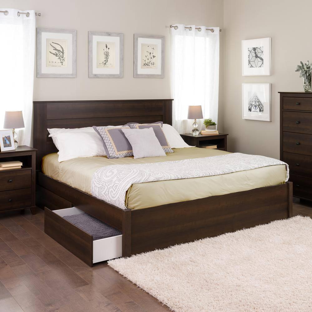 King Select 4-Post Platform Bed with 4 Drawers Espresso Brown - Prepac: Particle Board & MDF Construction, No Box Spring Needed