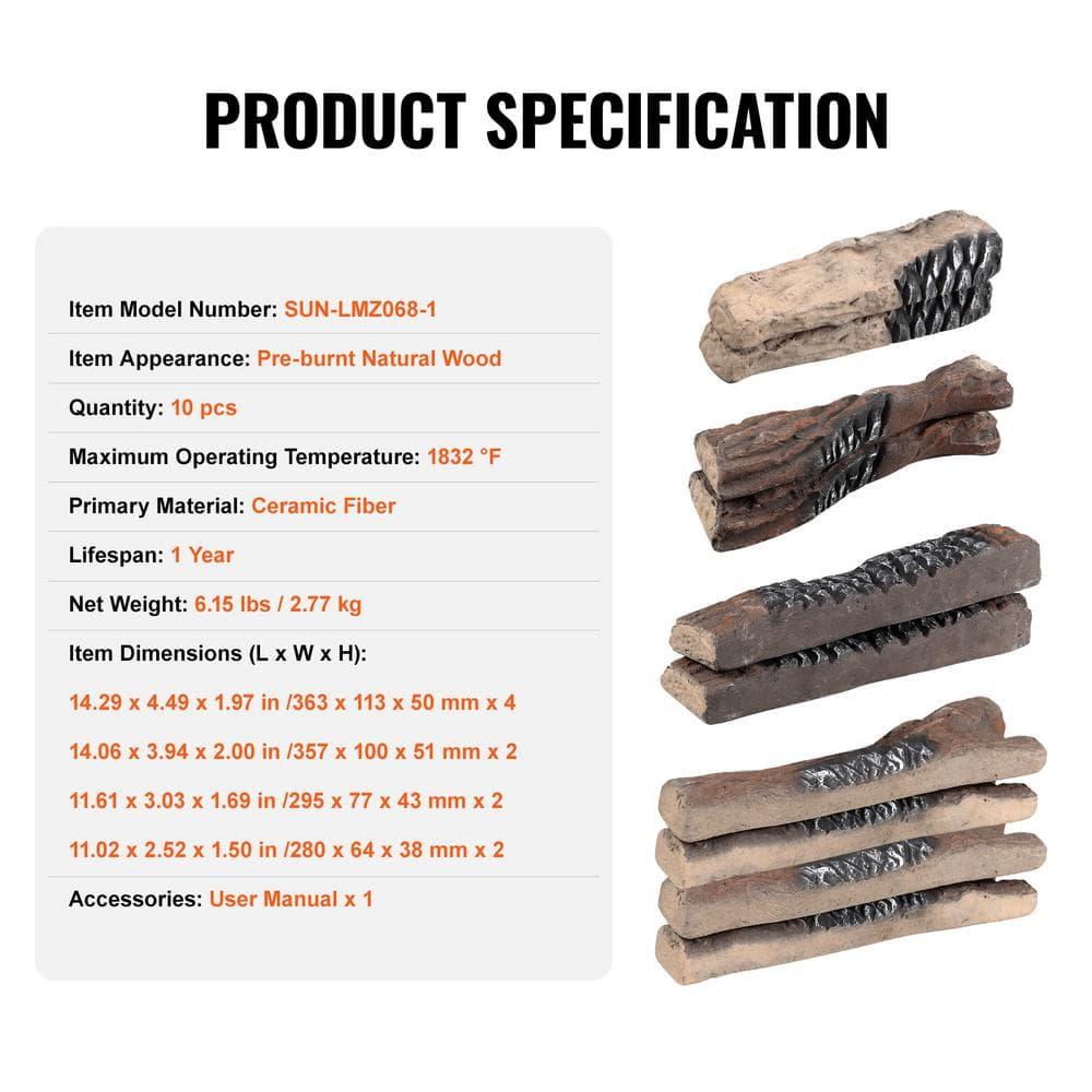 SKYSHALO 10 Piece Ceramic Fireplace Logs, Durable Decorative Logs for Gas Fireplaces, Realistic and Heat-Resistant, Ideal for Indoor and Outdoor Firebowls, Easily Stackable