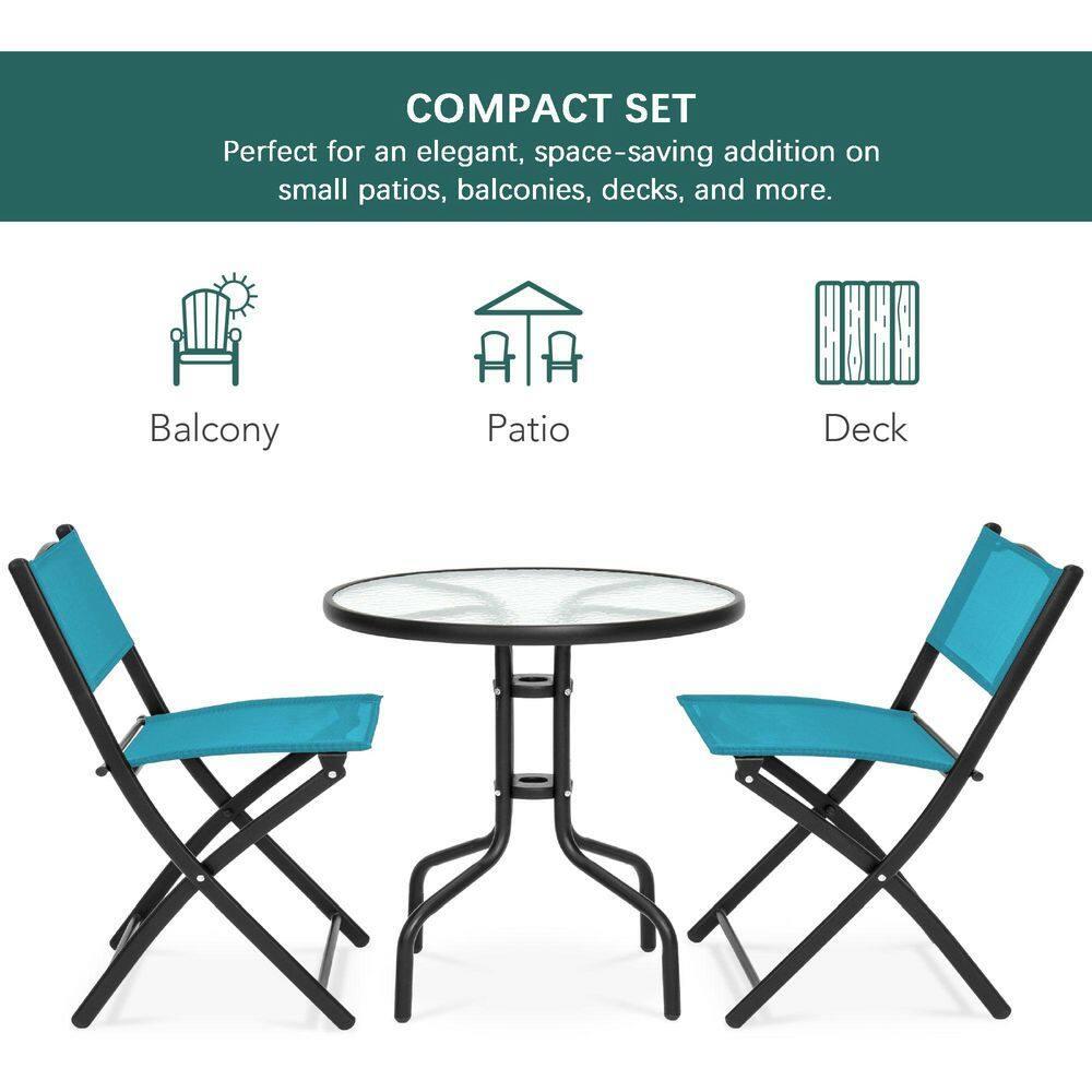 George Oliver 3-Piece Patio Bistro Dining Furniture Set W/ Glass Tabletop, Folding Chairs