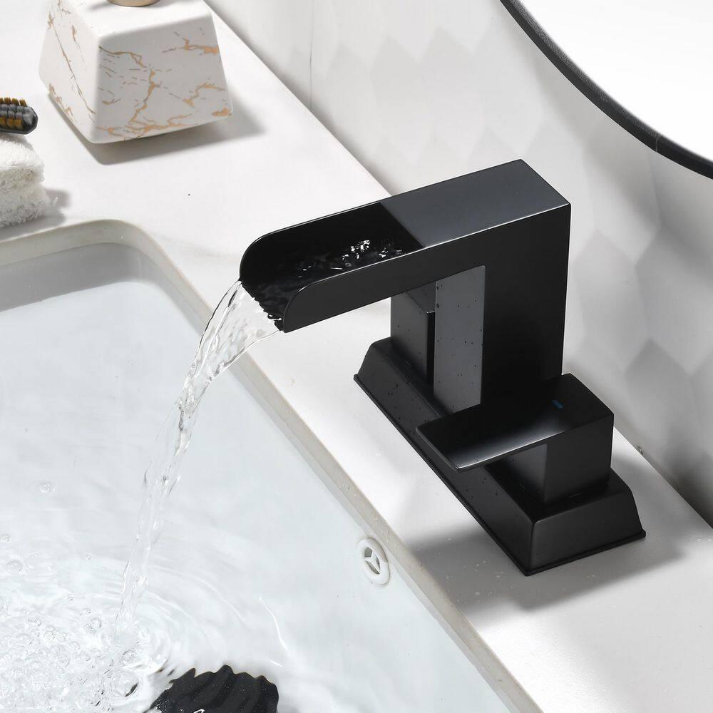 SHACO Black 4 Inch Centerset Bathroom Faucets 3 Hole or 2 Hole, Matte Black 2 Handle Waterfall Vanity Faucet, Lavatory Mixer Tap RV Sink Faucet with Overflow Pop Up Drain and Hose, SC-ZT907B-NEW1