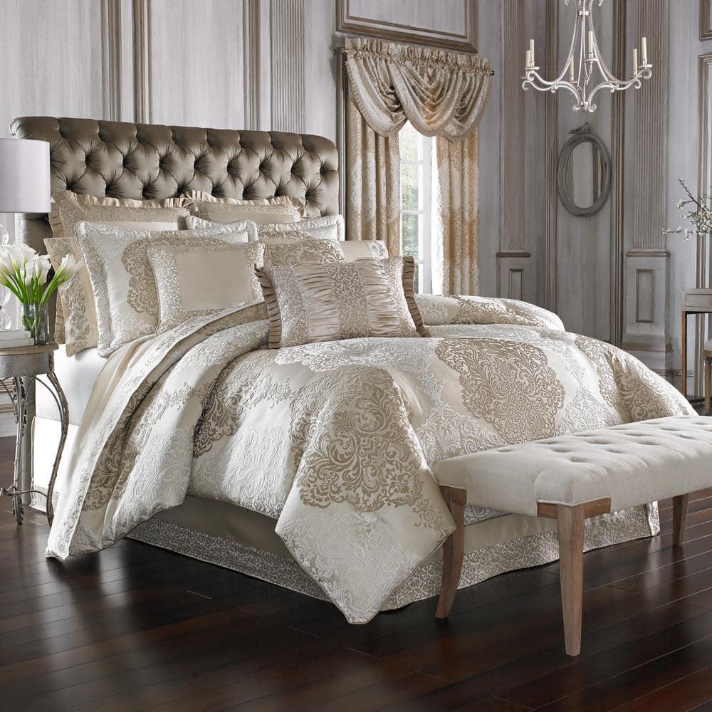 Luxurious Ivory and Gold Queen Comforter Set with Satin Trim