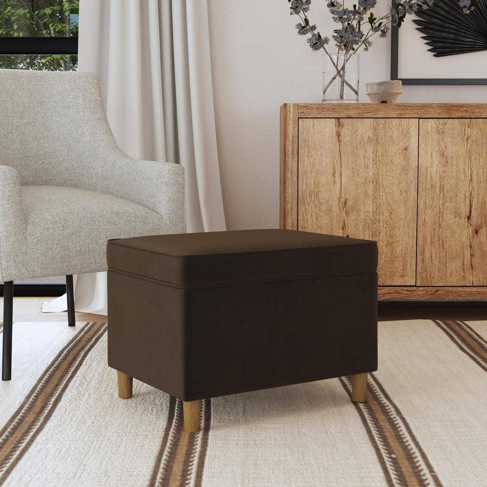 24" Dinah Storage Ottoman Chocolate Brown - HomePop: Velvet Upholstered, Honey Oak Wood Legs, Safety Hinges