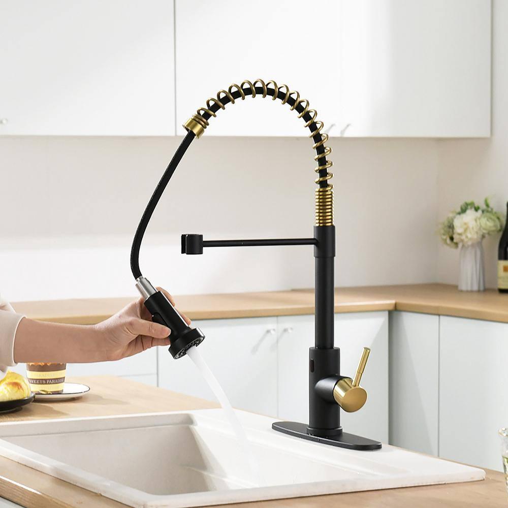 GIMILI Black and Gold Touchless Kitchen Faucet with Pull Down Sprayer Motion Sensor Smart Hands-Free Activated Single Hole Spring Faucet for Kitchen Sink